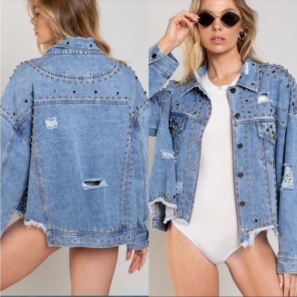 Beaded Pearls and Studs Oversized Distressed Denim Jean Jacket - Picture 2 of 13